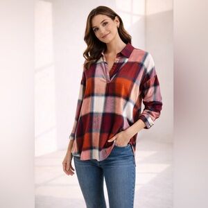 Plaid Boho Tunic Blouse Burgundy Rust Flannel Top Long Sleeve Casual Oversized S